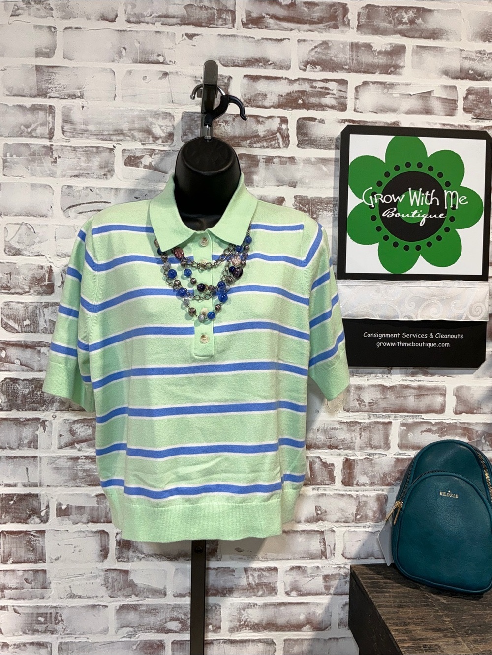 Old Navy Mint and Periwinkle Striped Knit Polo